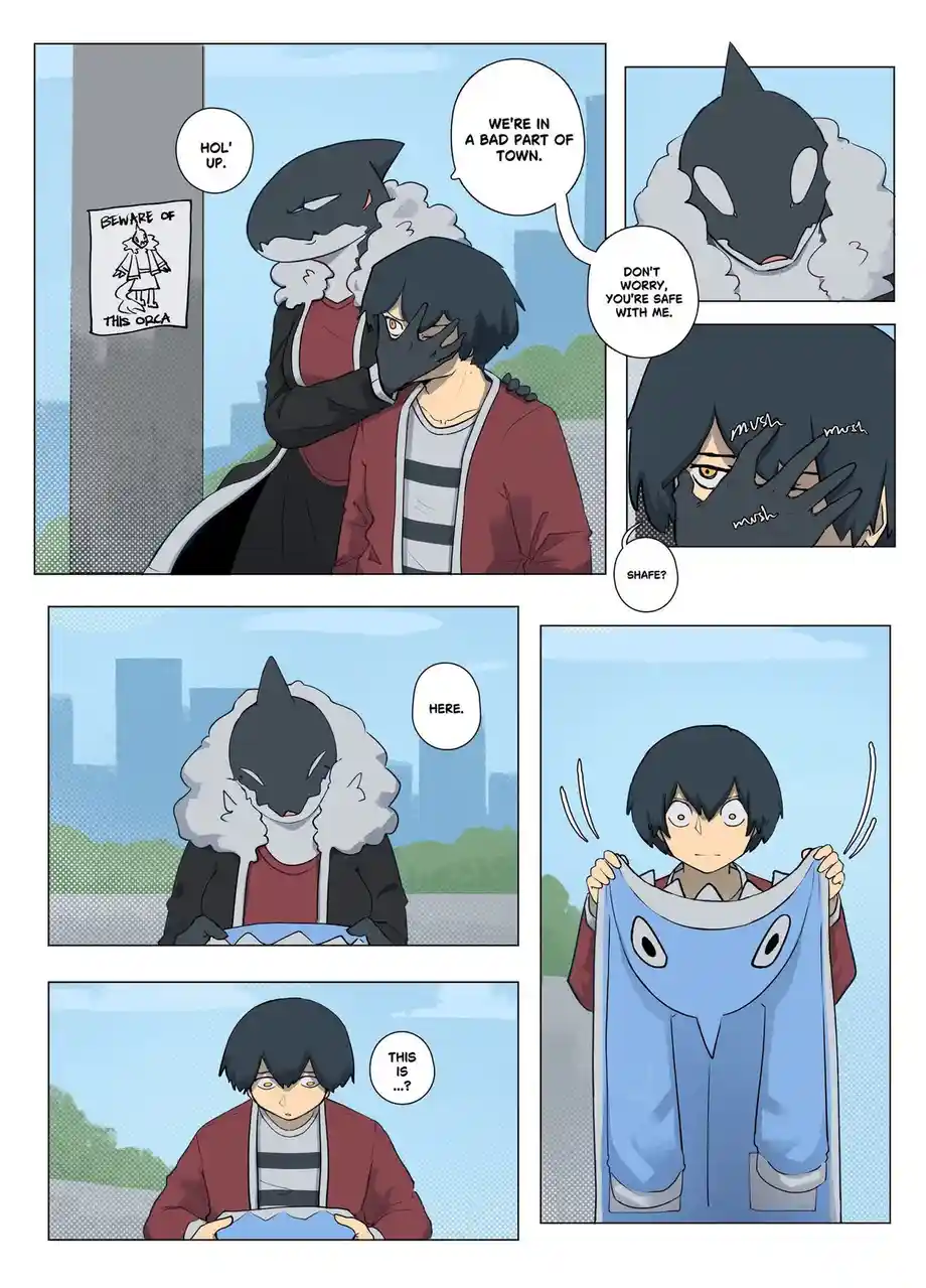 A comic strip shows an orca-like character reassuring a human character in a dangerous area, then handing them a blue…