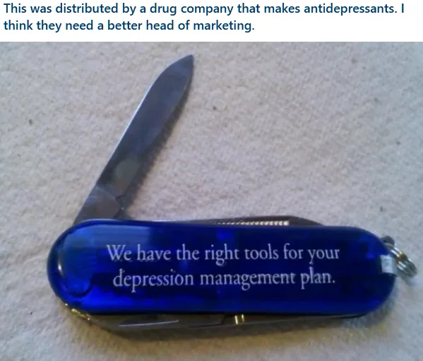 A blue-handled Swiss Army knife with a blade extended, lying on a beige carpet. The knife's handle has white text engraved…