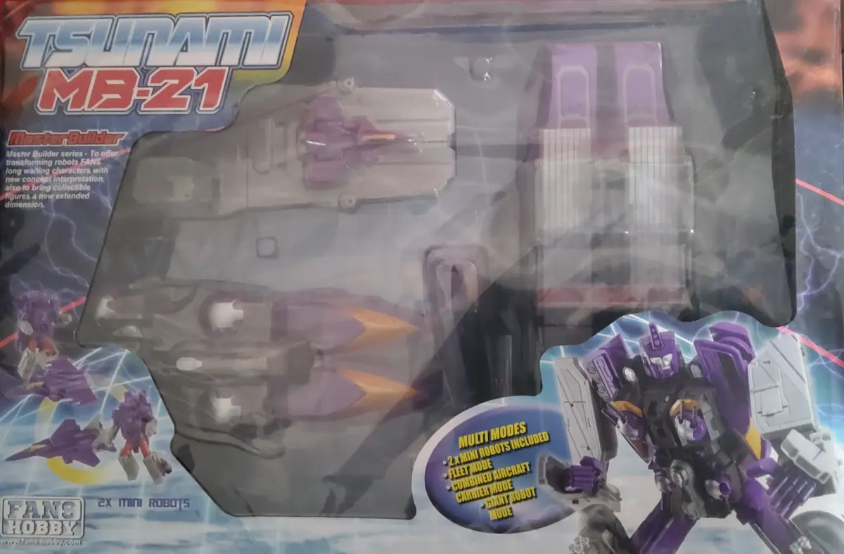 A close-up of a toy package for 'Tsunami MB-21 Master Builder' by Fans Hobby, showing a purple and grey transforming robot…