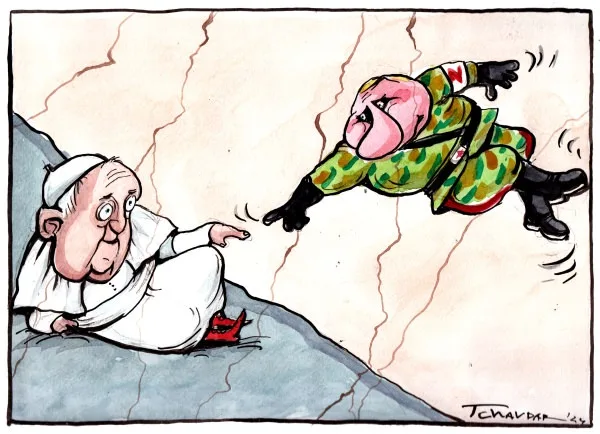 A cartoon depicts Pope Francis sitting on a rocky ledge, pointing at a soldier in camouflage who is falling through the air…