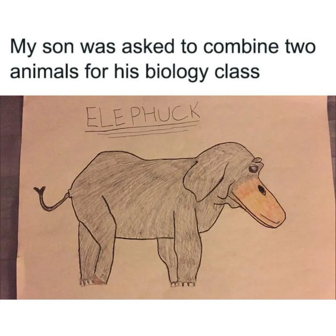 A child's drawing on brown paper shows a creature with an elephant's body and legs, an elephant's ears, and a duck's head…