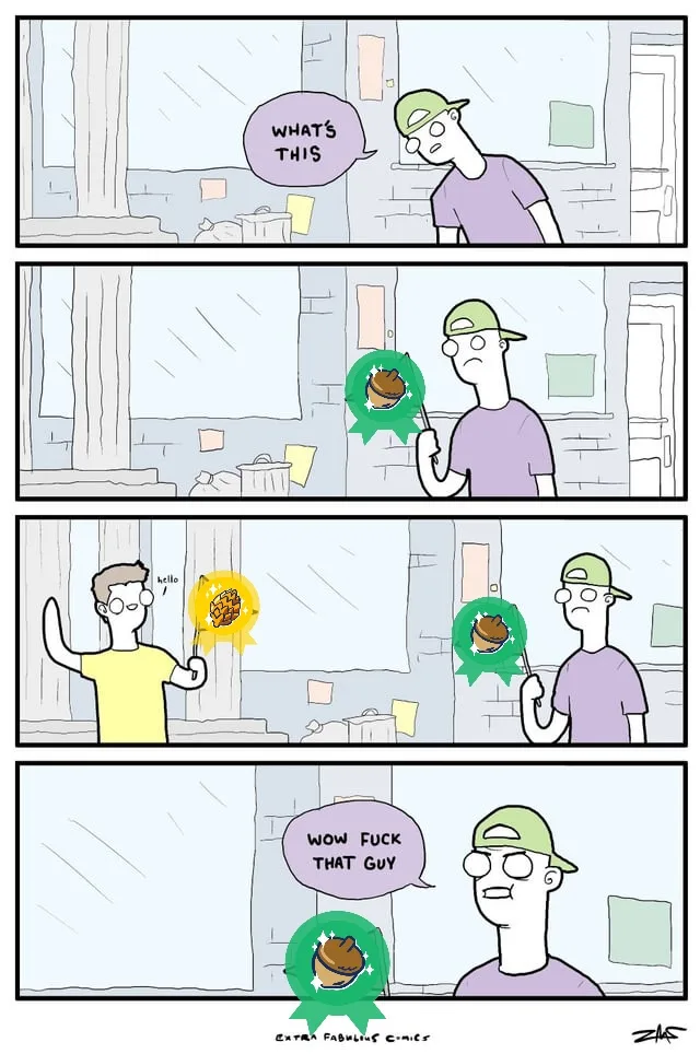 A four-panel comic strip shows a man in a green cap holding a small trophy with a cupcake on it, asking 'WHAT'S THIS'…