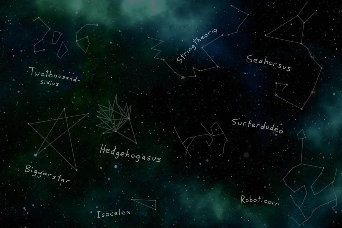 A starry night sky with nebulae and stars, overlaid with whimsical constellations labeled with puns and pop culture…