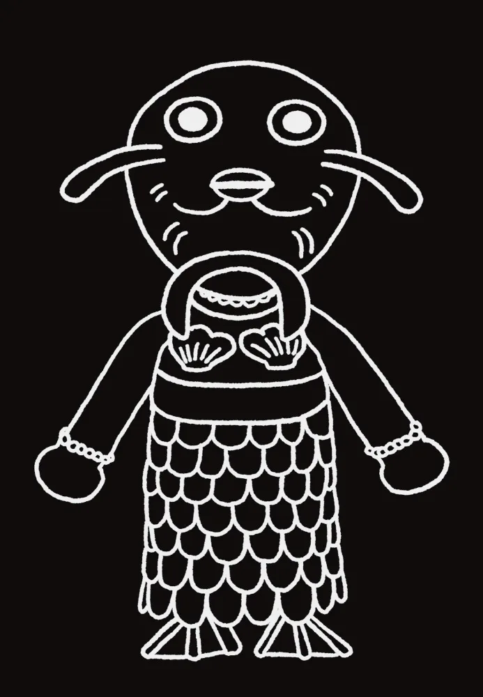 A simple white line drawing on a black background shows a cartoon seal with a smiling face, long whiskers, and a fish-scale…