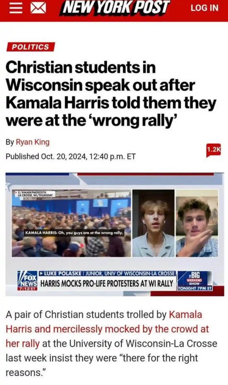 A screenshot of a New York Post article about Kamala Harris telling Christian students at a rally in Wisconsin they were at…