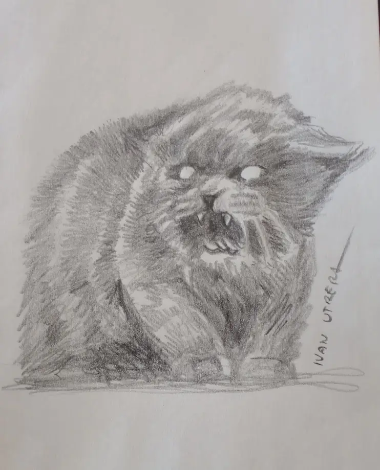 A pencil sketch of a fluffy, menacing-looking cat with bared teeth and wide eyes, signed 'ivan utzera' in the bottom right…