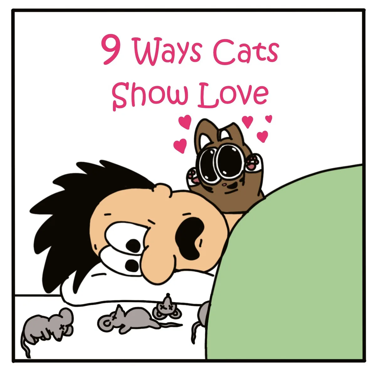 A cartoon cat wearing sunglasses peeks over a green blanket at a sleeping person, with pink hearts floating above. Three…
