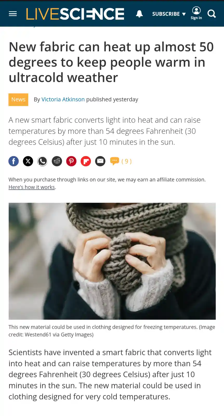 A screenshot of a Live Science article about a new smart fabric that heats up by over 50 degrees in sunlight. The image…