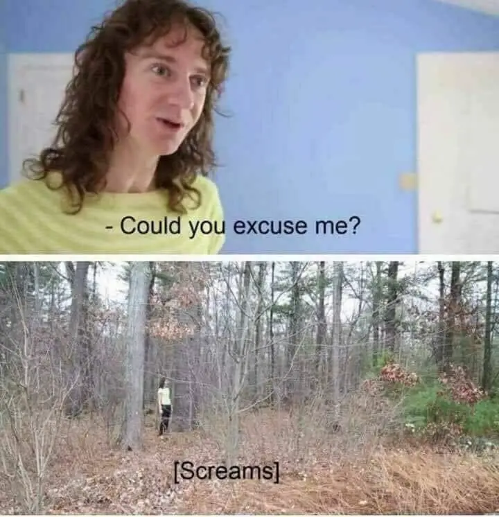 Top panel shows a person with curly hair in a yellow shirt asking, "Could you excuse me?" Bottom panel shows the same person…