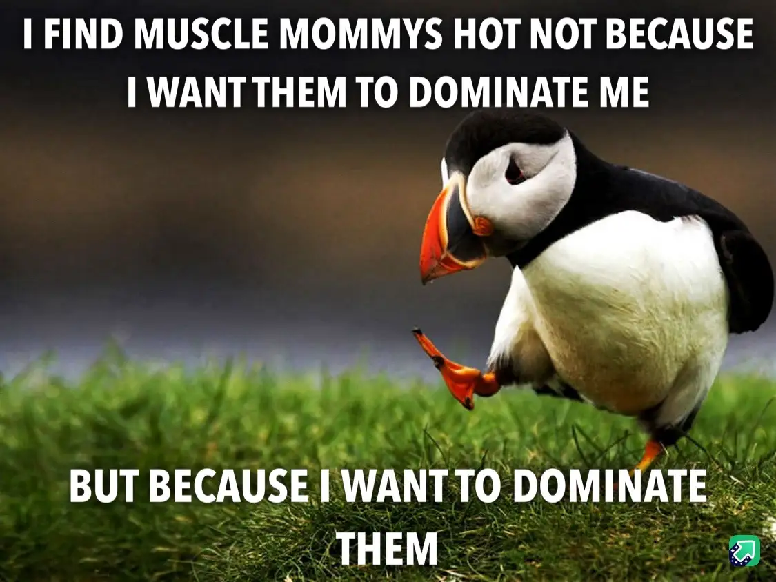 A penguin stands on grass with one foot lifted, looking down. White text overlaid in two sections reads: 'I FIND MUSCLE…