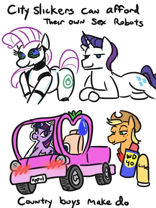 A cartoon drawing shows two stylized pony characters in the top panel, one with purple hair and sunglasses, the other with a…