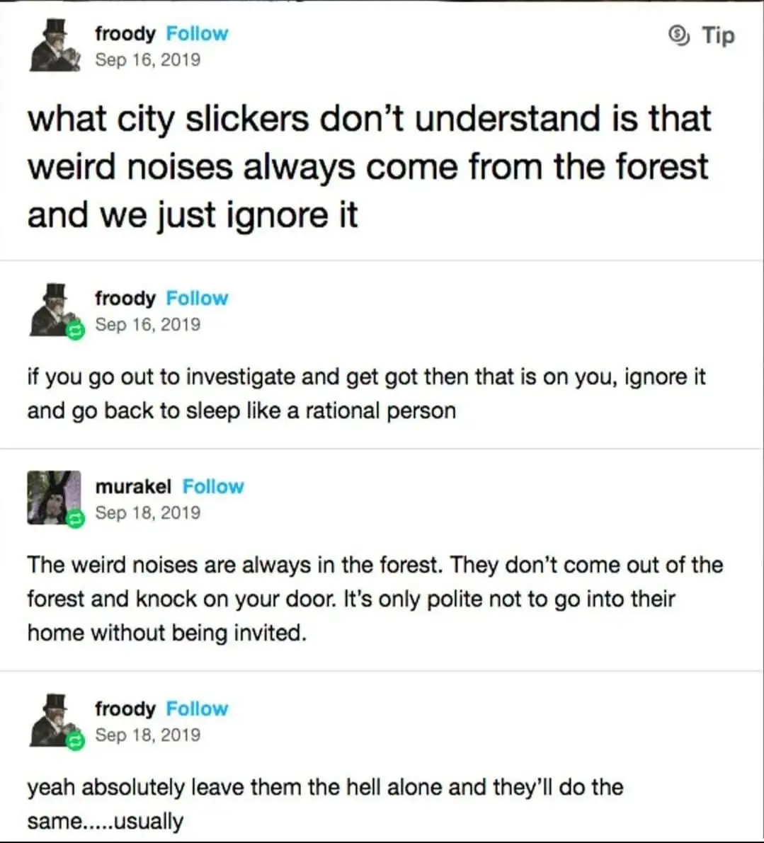 A screenshot of a Twitter thread showing a user named 'froody' making a series of increasingly absurd and sarcastic comments…