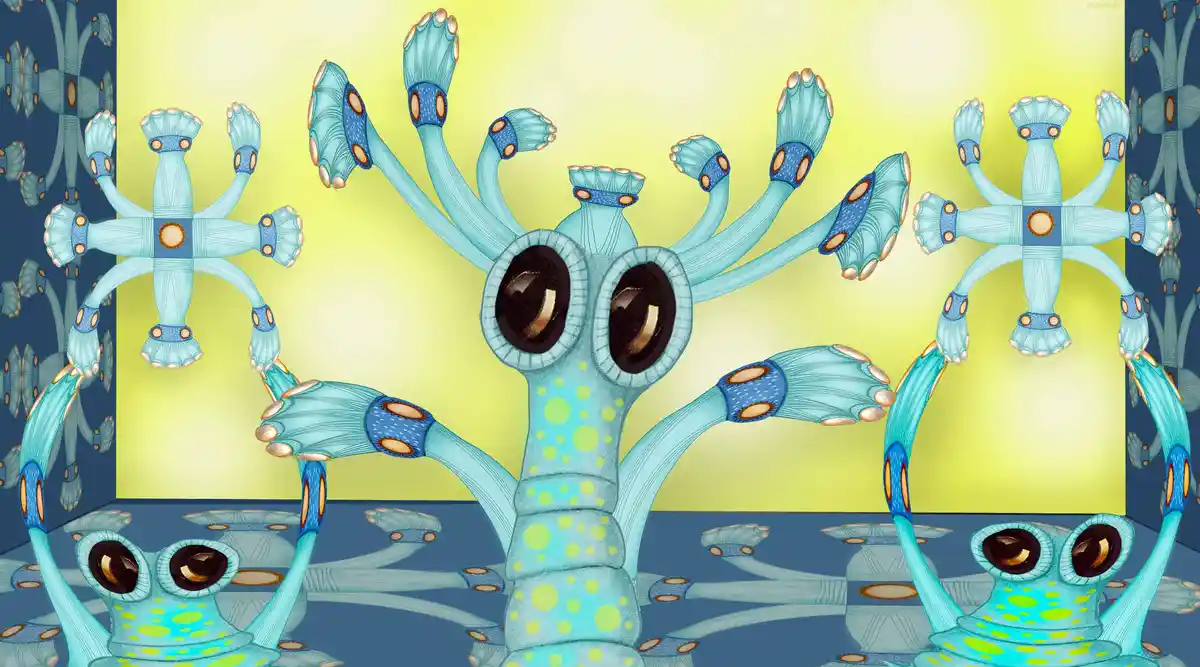 A surreal digital artwork depicts a central, light-blue, multi-limbed alien creature with large, black, reflective eyes and…