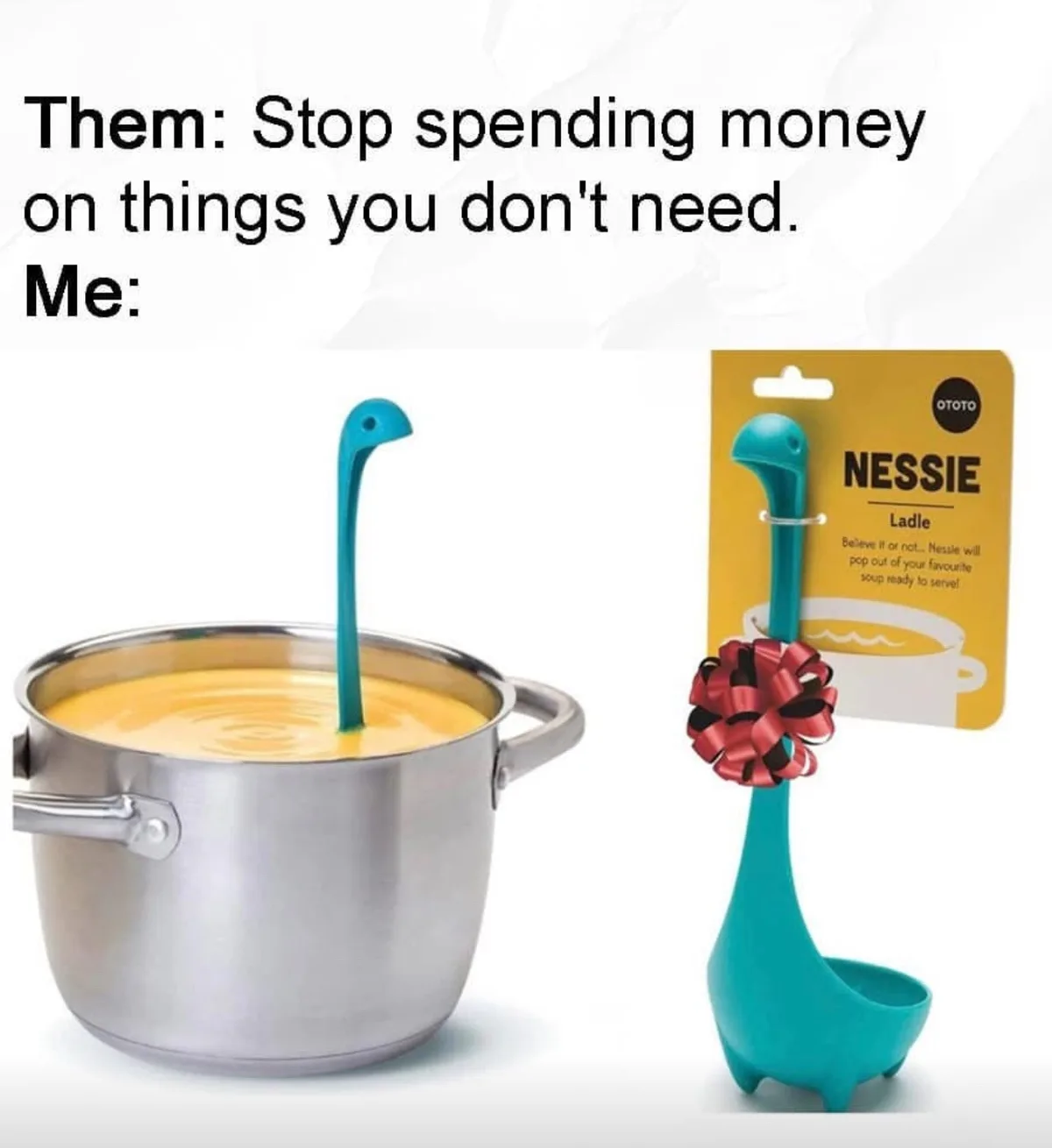 The image shows a split-screen. On the left, a teal dinosaur-shaped ladle (resembling Nessie) is submerged in a pot of…