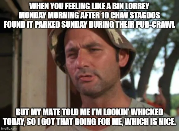 A man wearing a camouflage hat looks tired and resigned, overlaid with text describing a relatable Monday morning scenario…