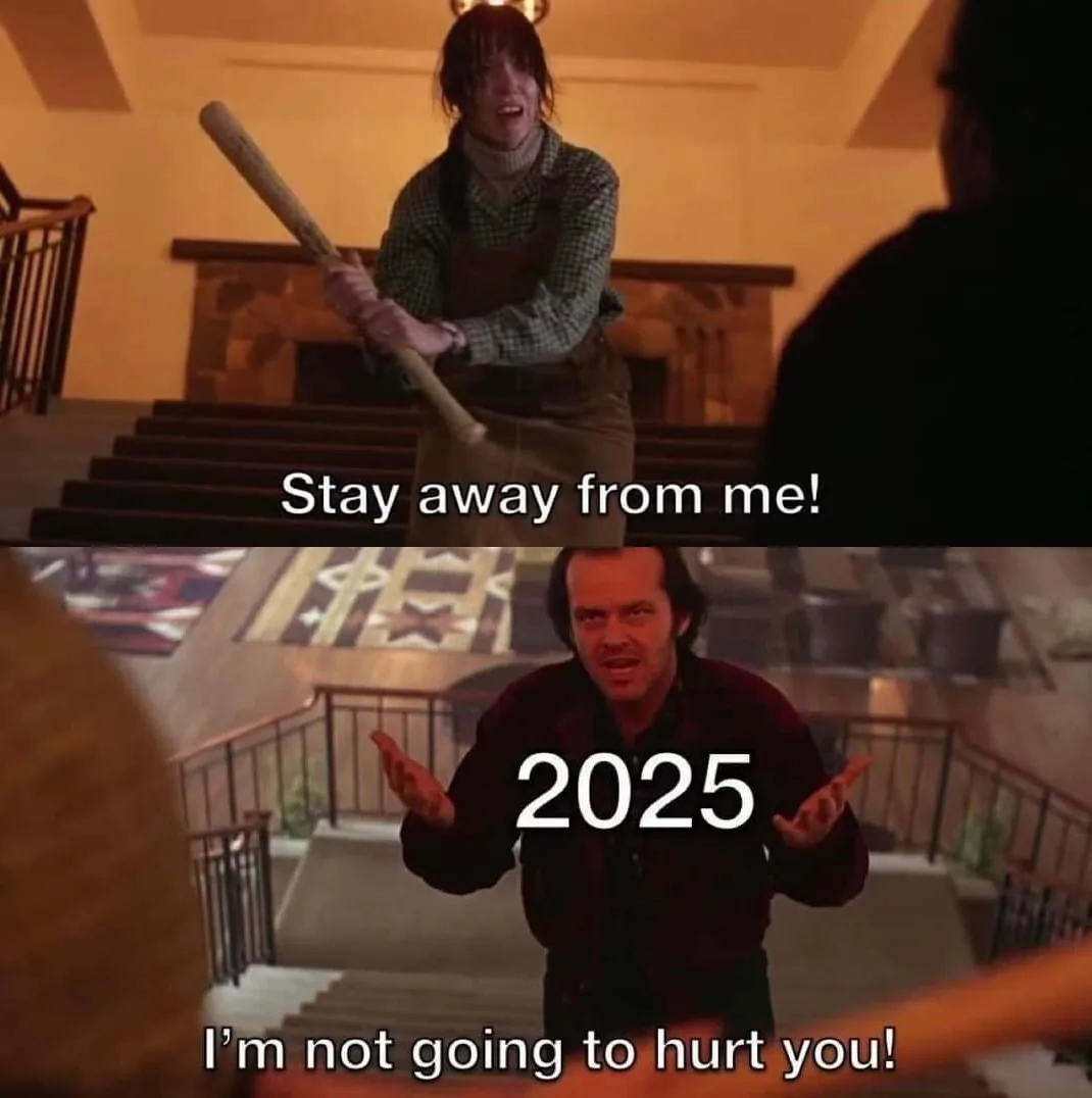 The top panel shows a woman in a plaid shirt and overalls holding a baseball bat, yelling 'Stay away from me!' at someone…