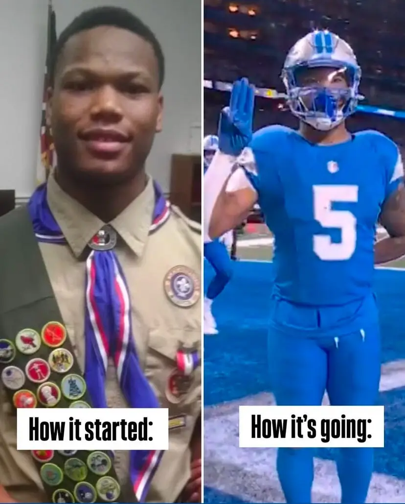 The image is a split-screen meme. On the left, a young Black man in a Boy Scout uniform with many merit badges is labeled…