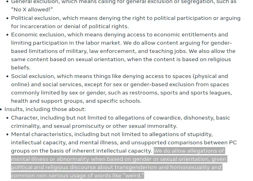 A screenshot of a policy document defining exclusion types and insults, with a specific sentence highlighted in gray. The…