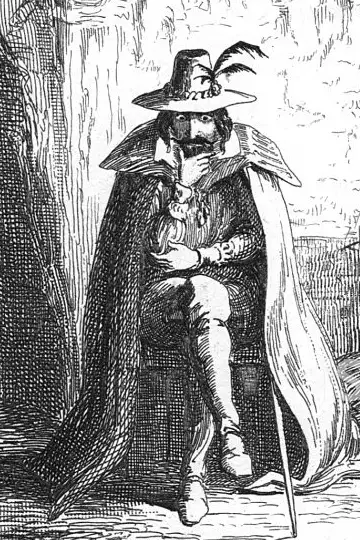 A vintage black-and-white illustration shows a man in a wide-brimmed hat with a feather, a long cloak, and boots, seated on…