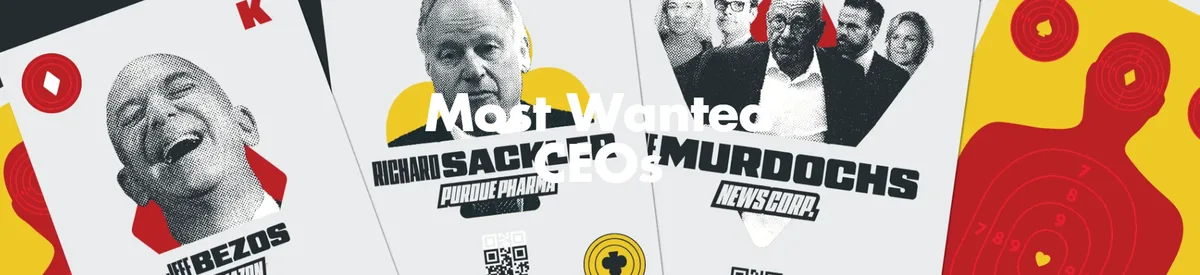 The image displays three stylized playing cards featuring portraits of Jeff Bezos, Richard Sackler, and the Murdochs, each…