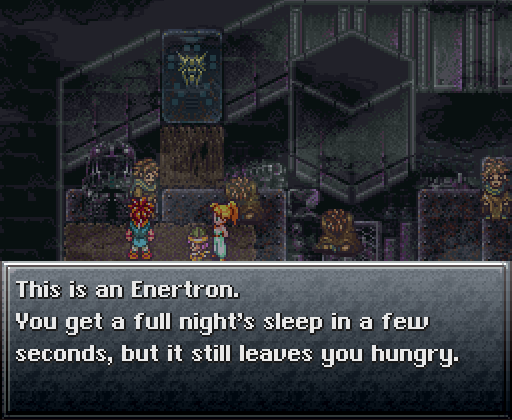 A pixel art screenshot from a retro RPG shows two characters standing in a dark, industrial-looking room with glowing…