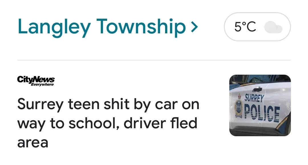 A screenshot of a CityNews Everywhere article headline about a Surrey teen who allegedly defecated in their car on the way…