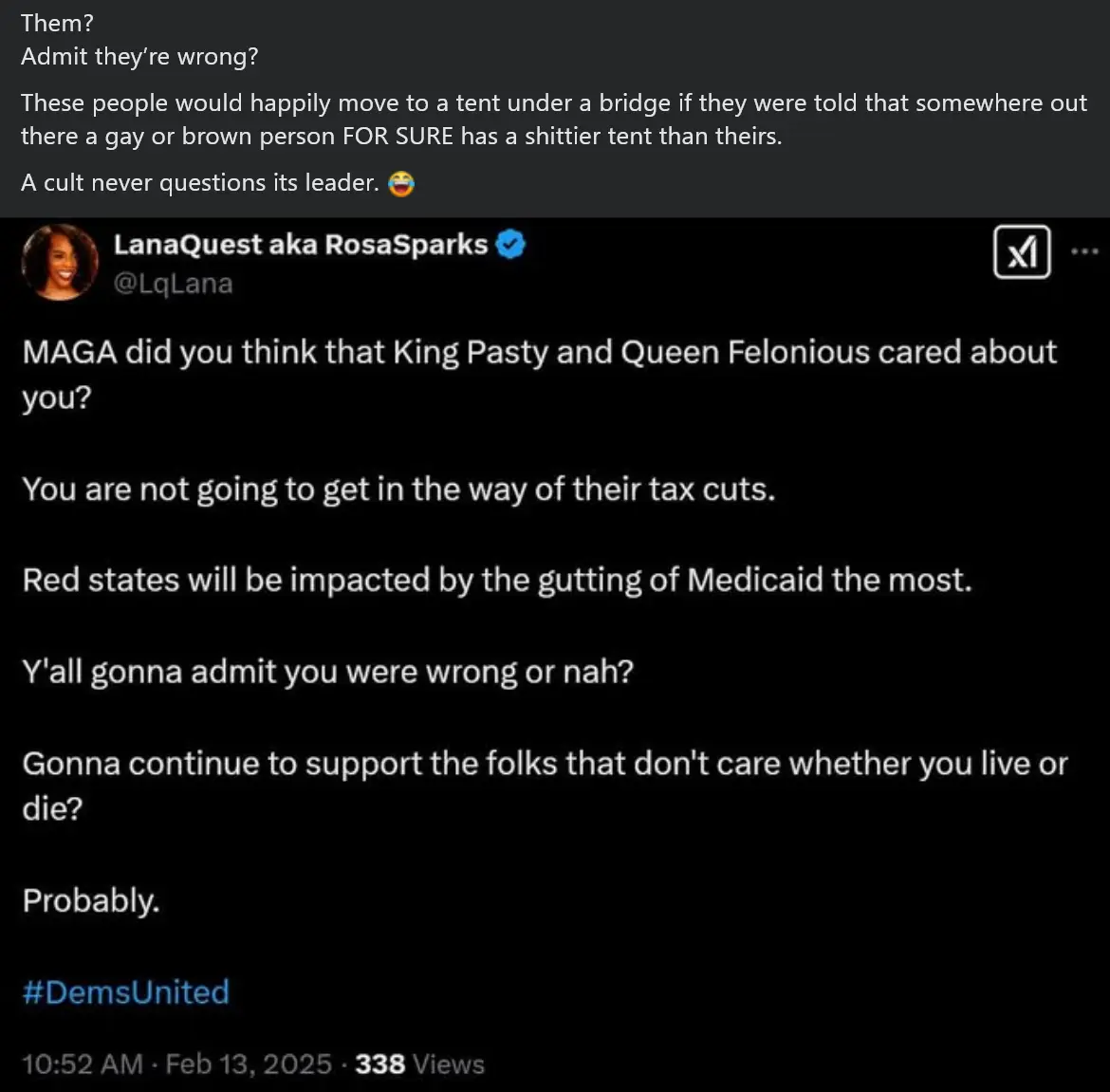 The image displays a screenshot of a tweet from 'LanaQuest aka RosaSparks' with a dark background and white text. The tweet…