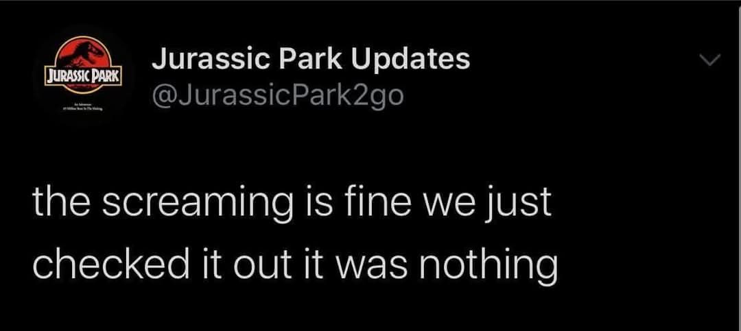 A screenshot of a tweet from a parody account called 'Jurassic Park Updates' (@JurassicPark2go) with the Jurassic Park logo…