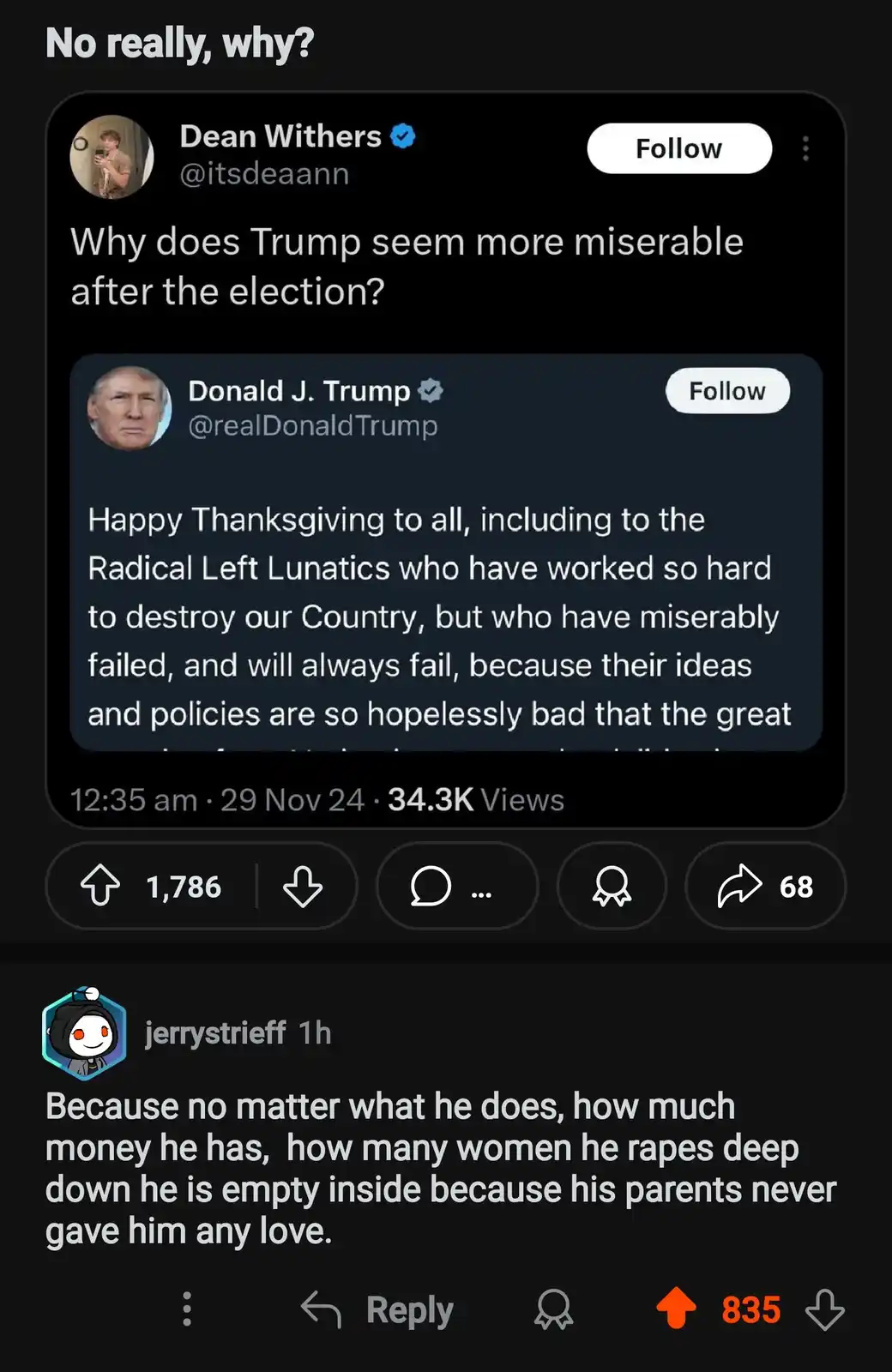 A screenshot of a Twitter thread shows Dean Withers asking why Trump seems more miserable after the election. Trump's reply…
