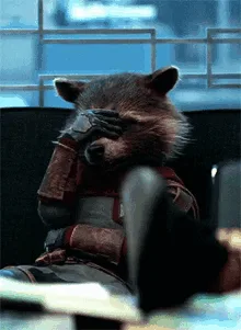 A six-panel image sequence shows the animated raccoon character Rocket Raccoon from Guardians of the Galaxy sitting in a…
