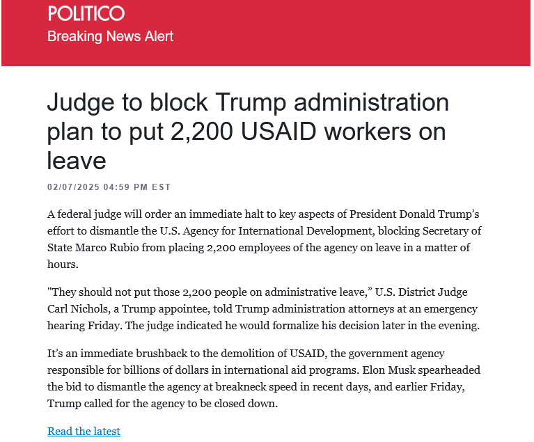 A screenshot of a Politico news article with a red header reading 'POLITICO Breaking News Alert'. The headline reads 'Judge…