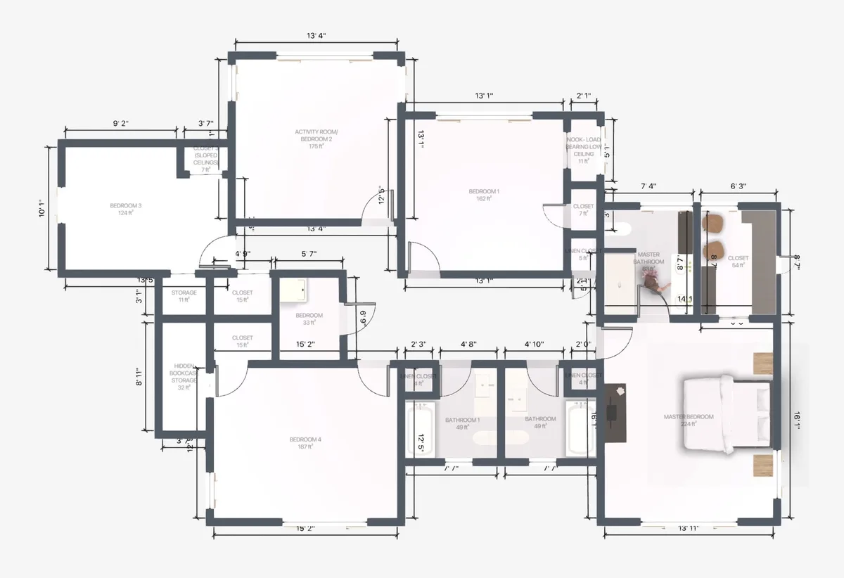 A detailed floor plan of a house showing multiple bedrooms, bathrooms, and storage areas with precise dimensions. The master…