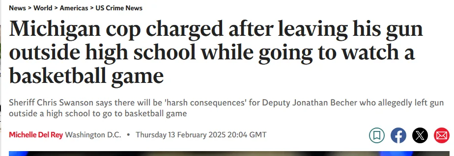 A screenshot of a news article headline reads 'Michigan cop charged after leaving his gun outside high school while going to…