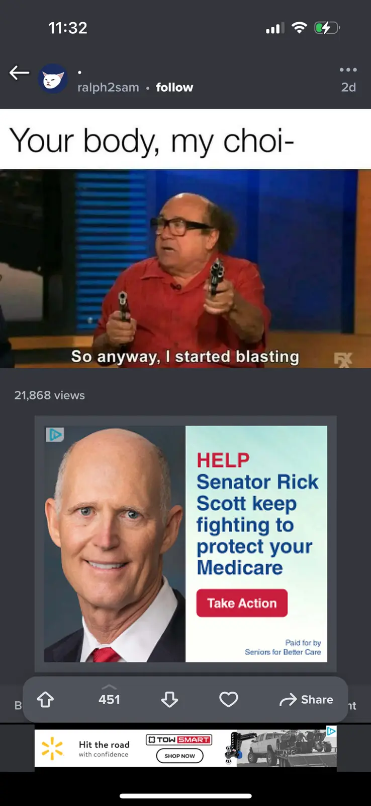 The image shows a screenshot of a social media post featuring a meme. The top part displays a man in a red shirt holding two…