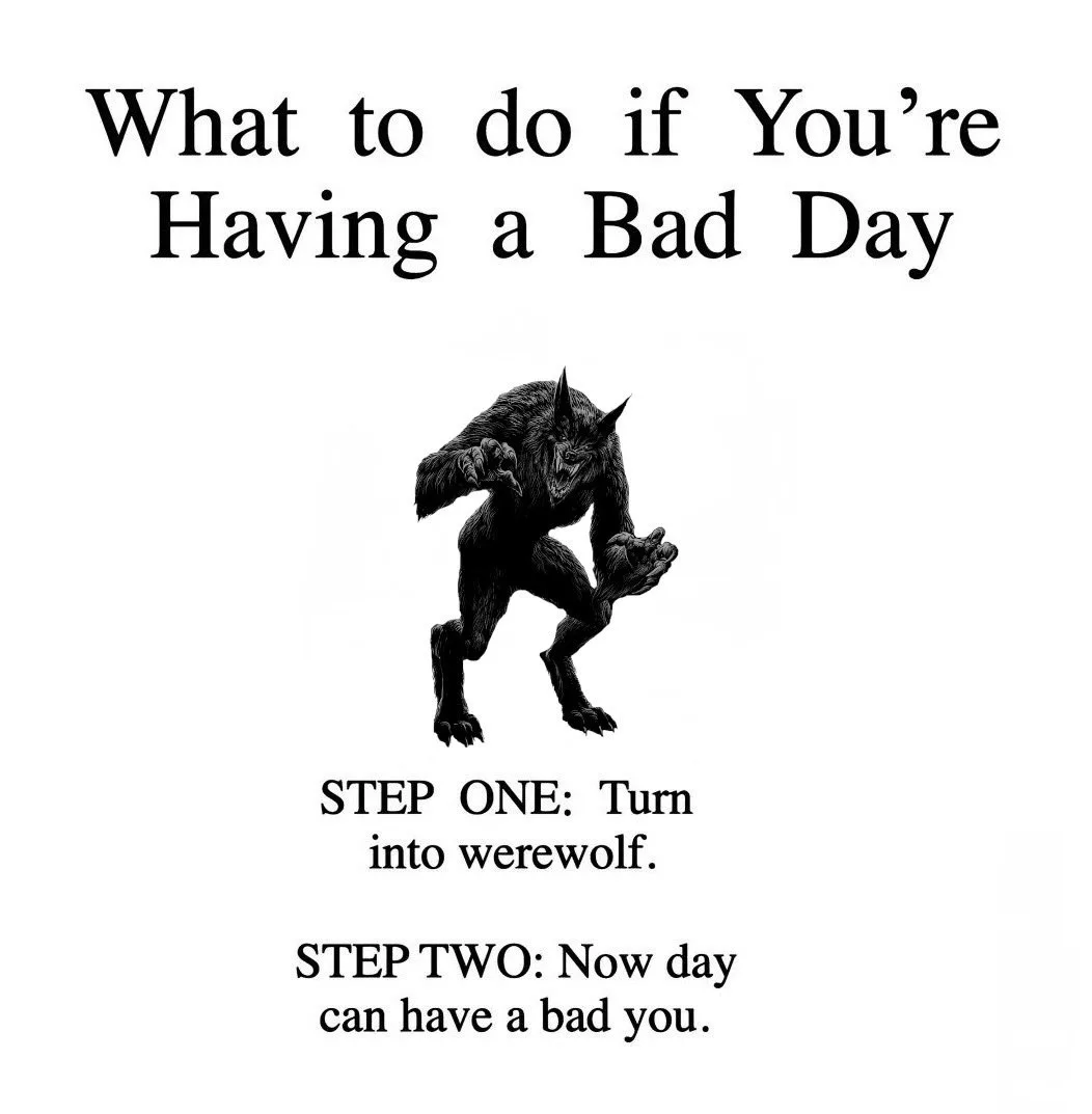 A black-and-white image shows a menacing, bipedal werewolf illustration centered on a plain white background. Above it, bold…