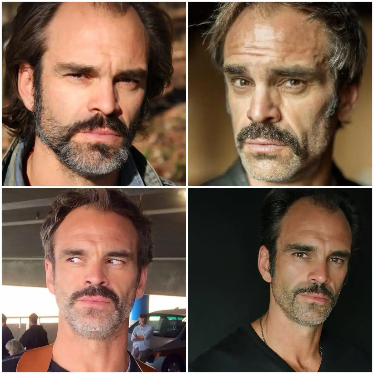 A four-panel collage shows actor Sullivan Stapleton in four different photos, each displaying his face with a prominent…