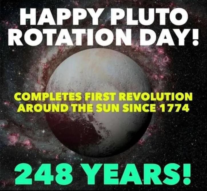 An image of the dwarf planet Pluto set against a starry space background. Overlaid text in large, bold fonts reads 'HAPPY…