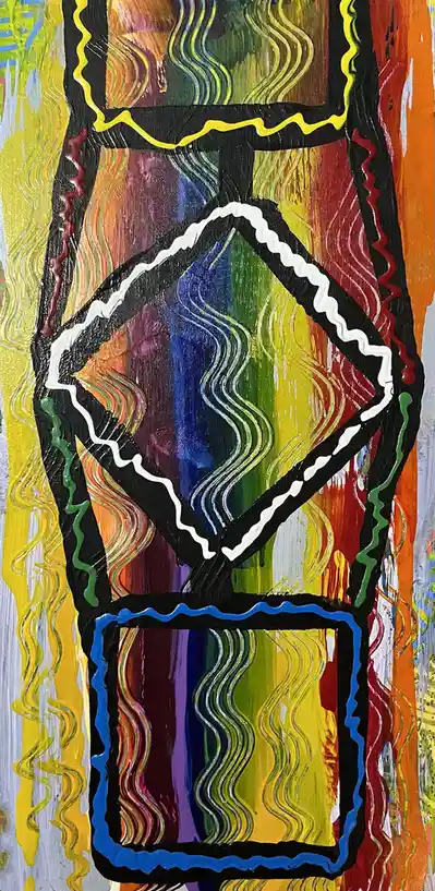A colorful abstract painting features a stylized human figure outlined in thick black, white, and blue lines, with wavy…