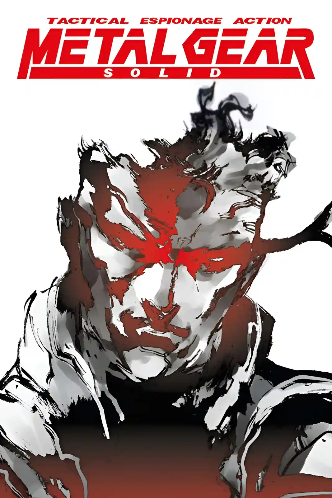 The image displays the iconic cover art for the video game 'Metal Gear Solid,' featuring a stylized, high-contrast…