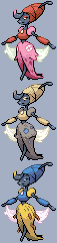 Three pixel-art characters, each with horns and a different color scheme (red, beige, blue), are stacked vertically. Each…