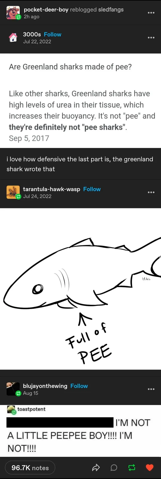 The image is a screenshot of a Tumblr post showing a text article about Greenland sharks and a comment section. The article…