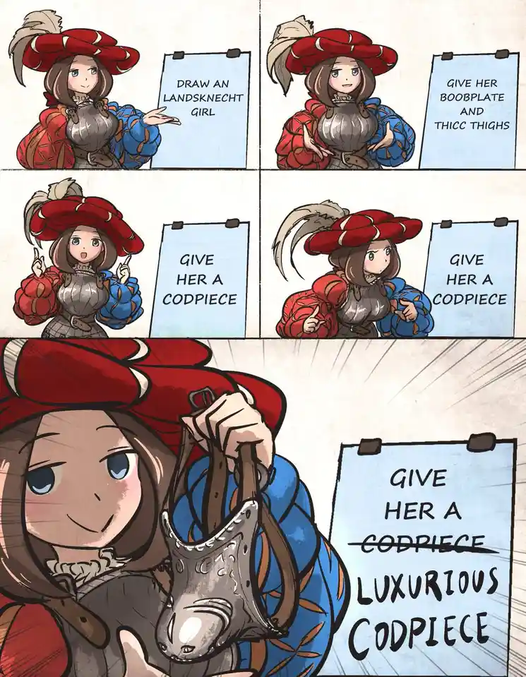 A comic strip shows a female Landsknecht character progressively adding more explicit requests to her design, culminating in…