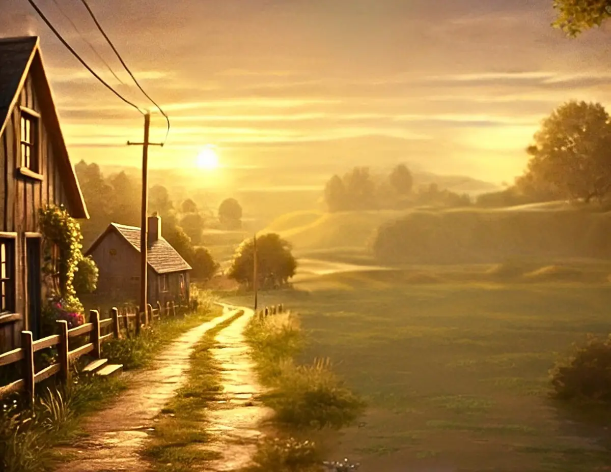 A picturesque rural scene at sunrise or sunset, featuring a winding dirt path leading through golden-hued fields toward…
