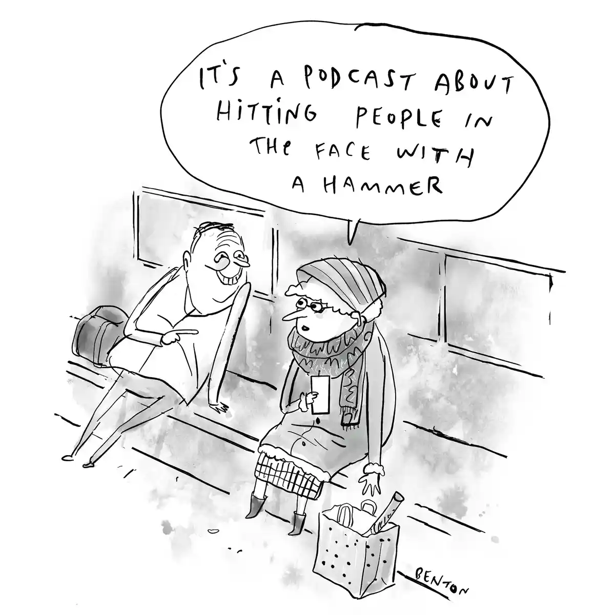 A black-and-white cartoon shows two people sitting on a bench. The man on the left, smiling broadly, points at the woman on…