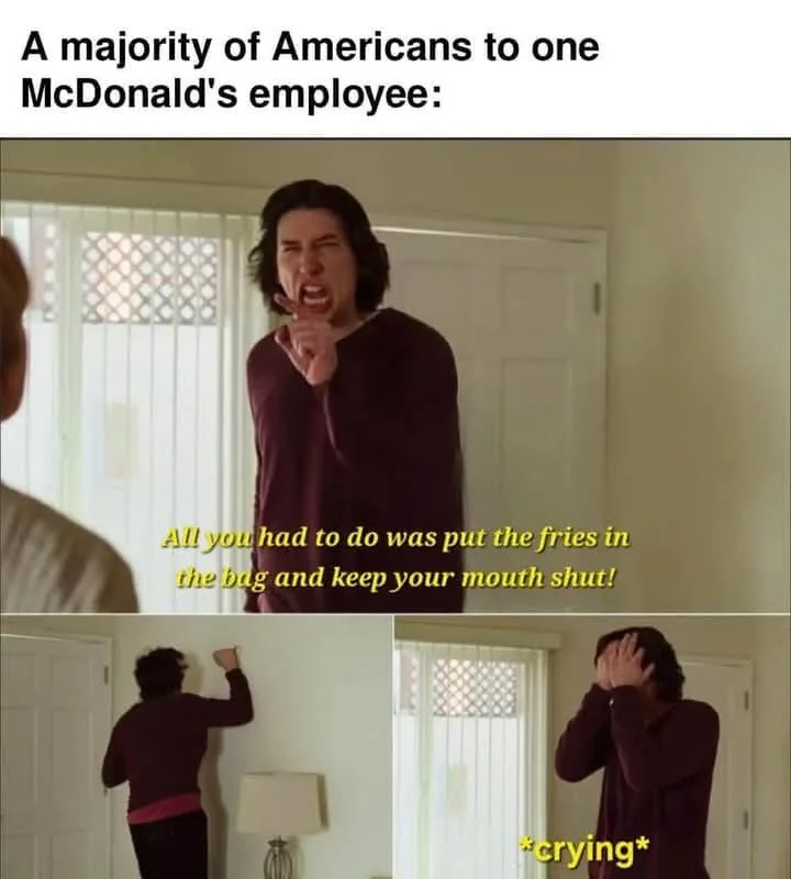 The meme features a three-panel image of actor Adam Driver from the movie 'Paterson'. In the top panel, he is yelling…