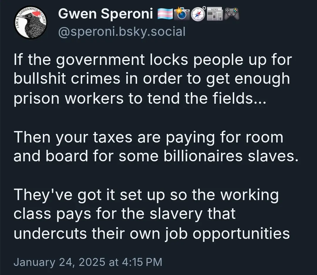 A screenshot of a social media post by Gwen Speroni, featuring white text on a dark background. The post critiques a system…
