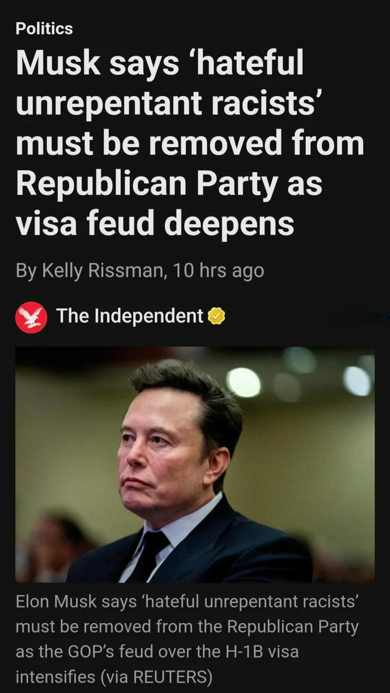 A screenshot of a news article from The Independent shows a photo of Elon Musk looking serious. The headline reads 'Musk…