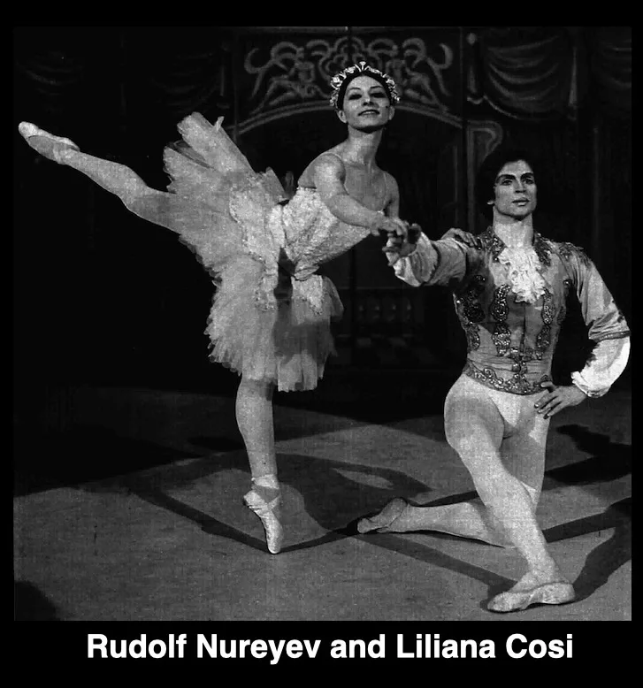 A black-and-white photograph of ballet dancers Rudolf Nureyev and Liliana Cosi performing on stage; Nureyev is kneeling and…