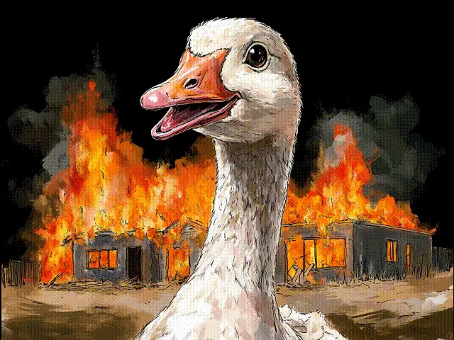 The image shows a white goose with an orange beak, facing forward with a calm, unbothered expression. Behind the goose, a…