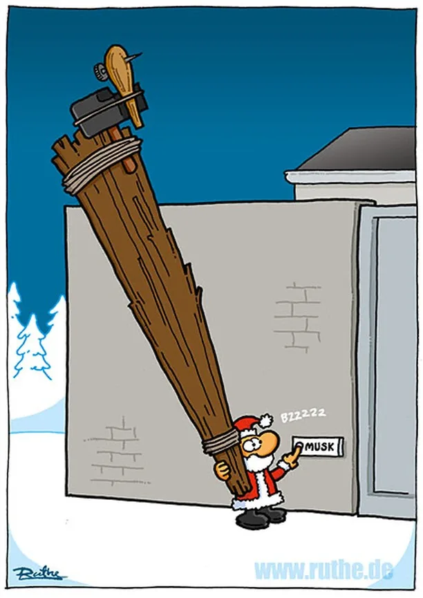 A cartoon Santa Claus stands outside a building holding an enormous wooden pole topped with a drone-like device emitting…